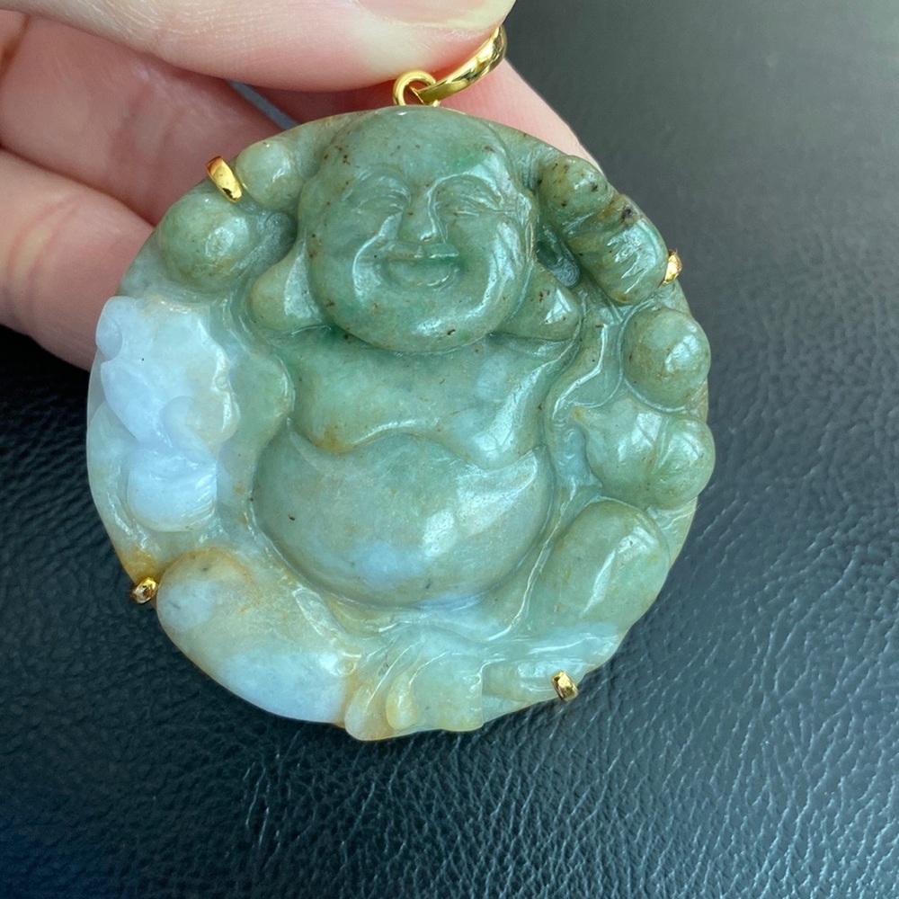 14K Solid Real Yellow Gold Laughing Happy Carved Buddha Jade Large Pendant Men